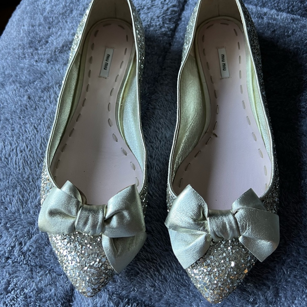 Miu Miu Silver Glitter Bow Pointed Flats